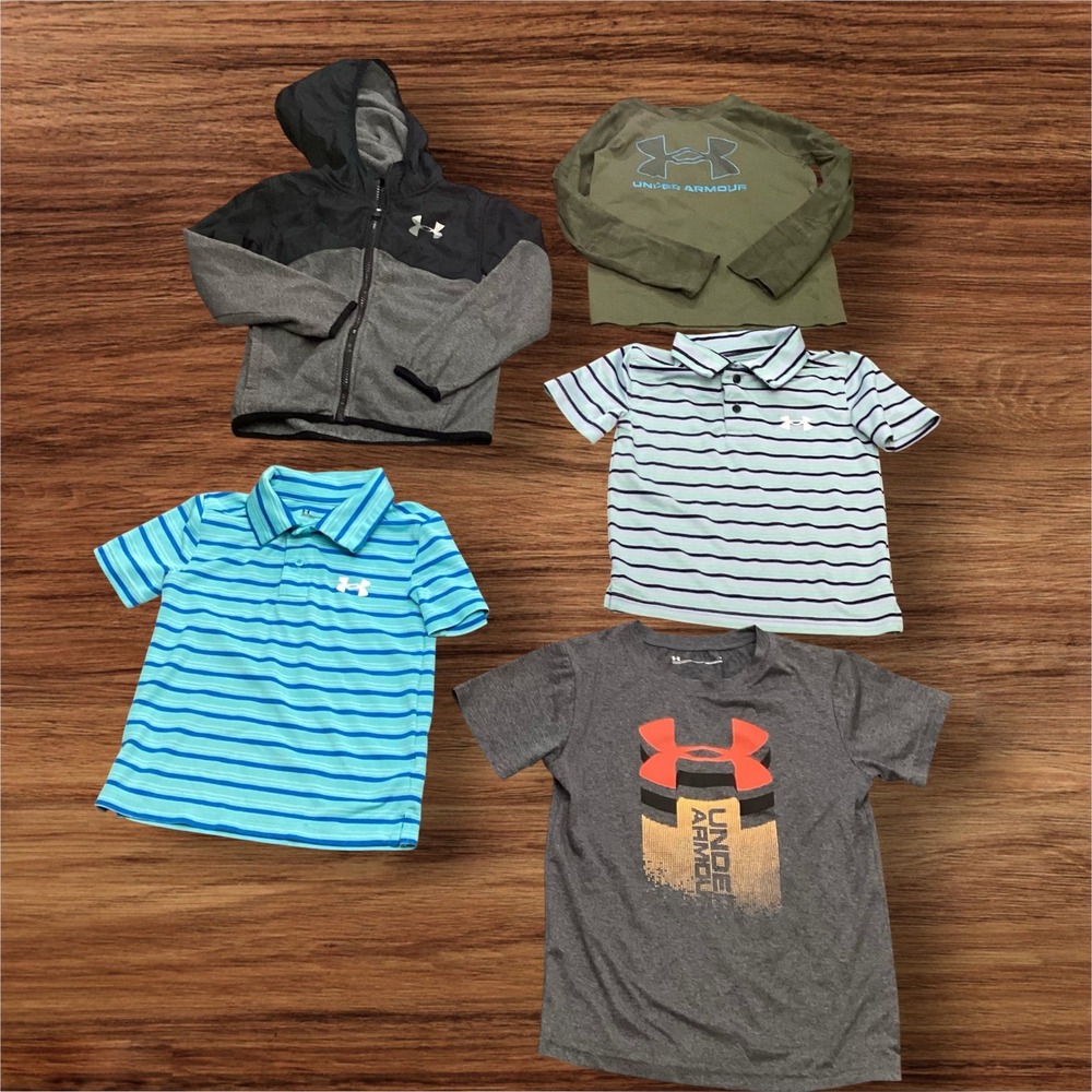 Under Armour Boys 5 Piece Lot Size 5-6 Polo Shirts HeatGear ColdGear Jacket flaw